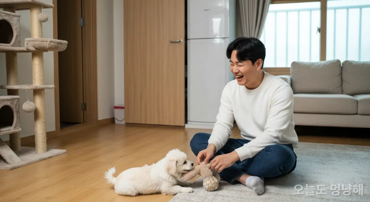 활기찬 강아지와 즐겁게 놀아주는 한국인 남성의 모습