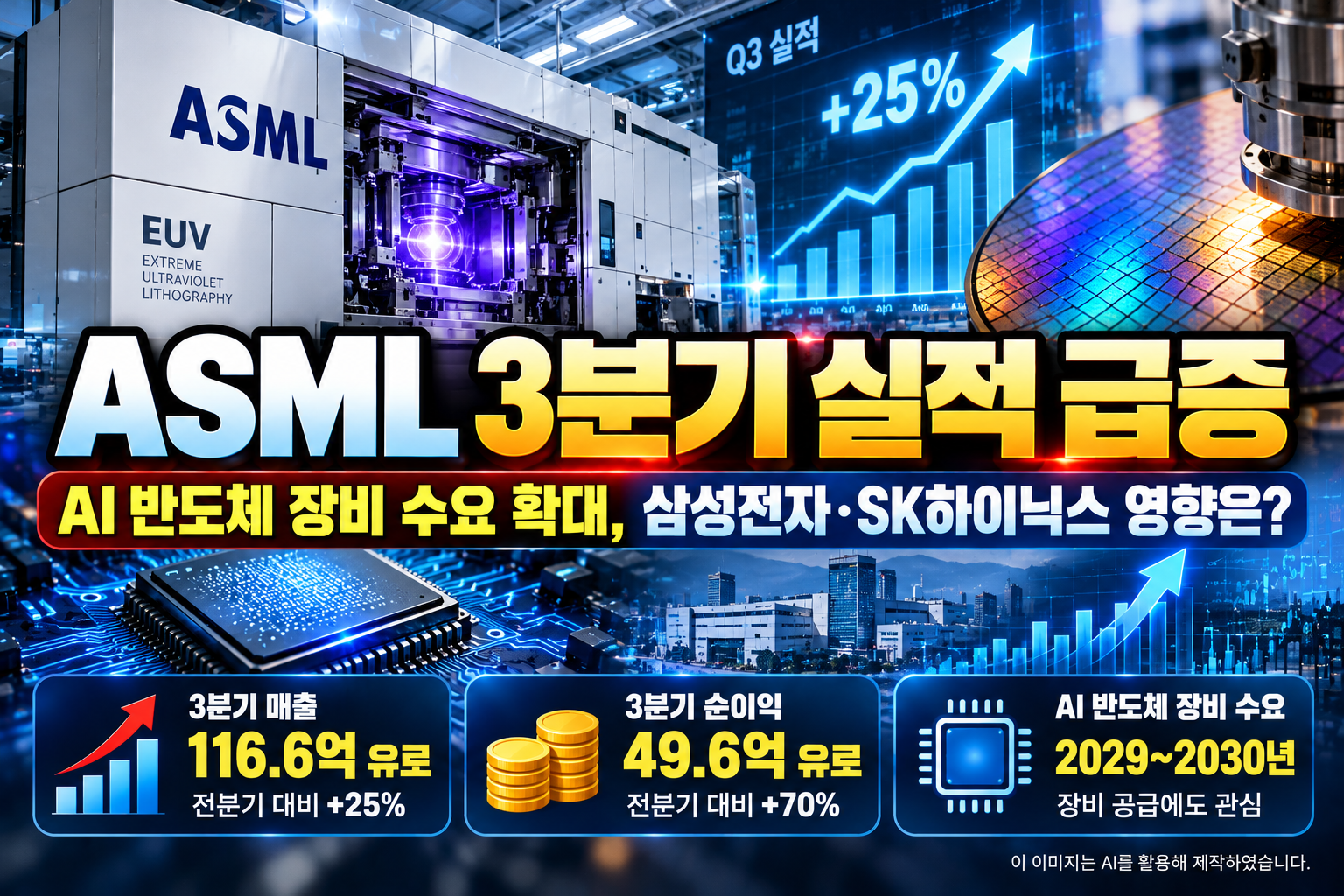ASML 2026년 3분기 매출 116.6억 유로와 순이익 49.6억 유로 실적 발표, AI 반도체 EUV 장비 수요 확대 및 삼성전자·SK하이닉스에 미치는 영향을 분석한 대표 이미지