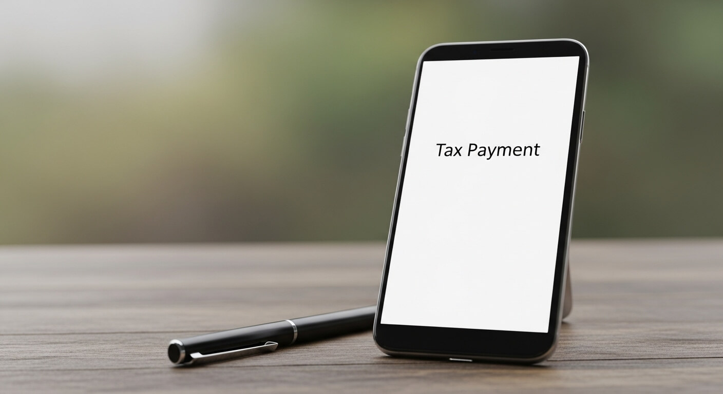 세금 납부 문구가 표시된 스마트폰과 펜이 놓인 테이블