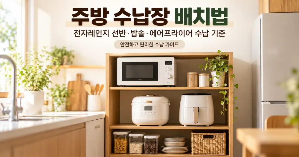 햇살이 들어오는 밝은 주방에 원목 수납장을 배치하고, 전자레인지 선반과 전기밥솥·에어프라이어 수납 공간을 구성한 주방 수납장 배치법 예시