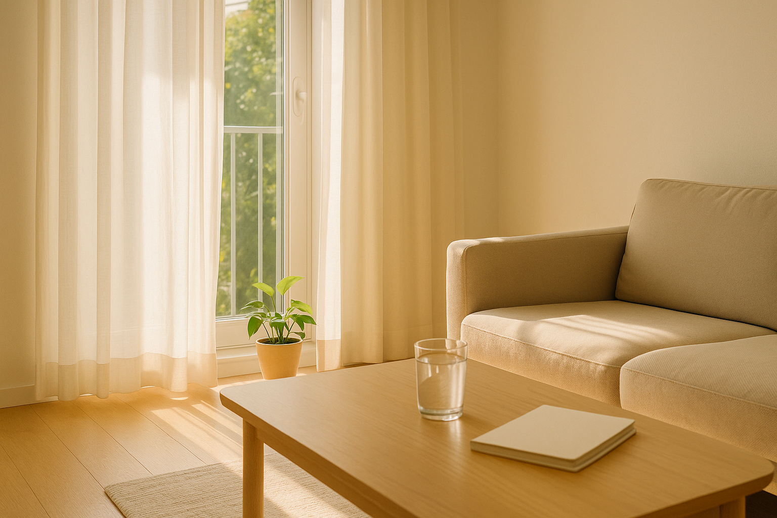 아침 햇살이 들어오는 거실에서 창문을 열어 환기하는 풍수 환경