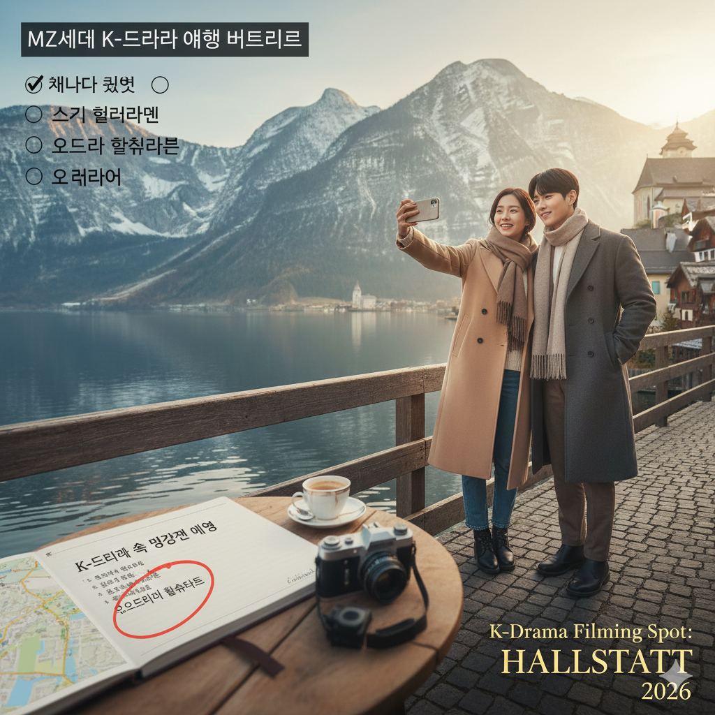 아름다운 남녀 커플이 눈 내린 겨울 산의 자연 풍경을 배경으로 사진을 찍고 있는 이미지