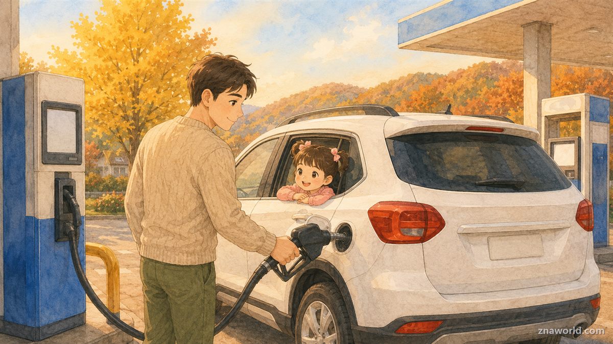 알뜰주유소에서 셀프 주유하는 아빠와 차에서 지켜보는 아이 일러스트