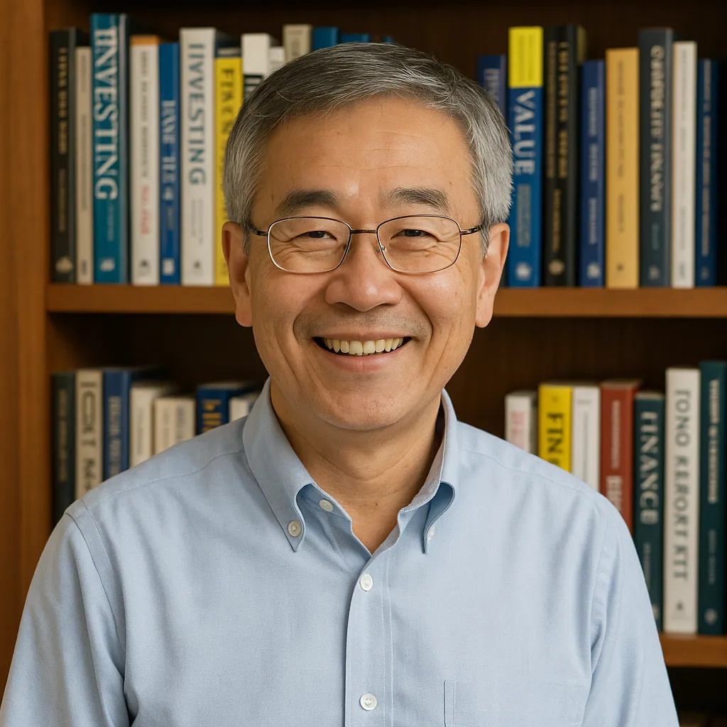 금융 서적 앞에서 미소 짓는 노년 남성