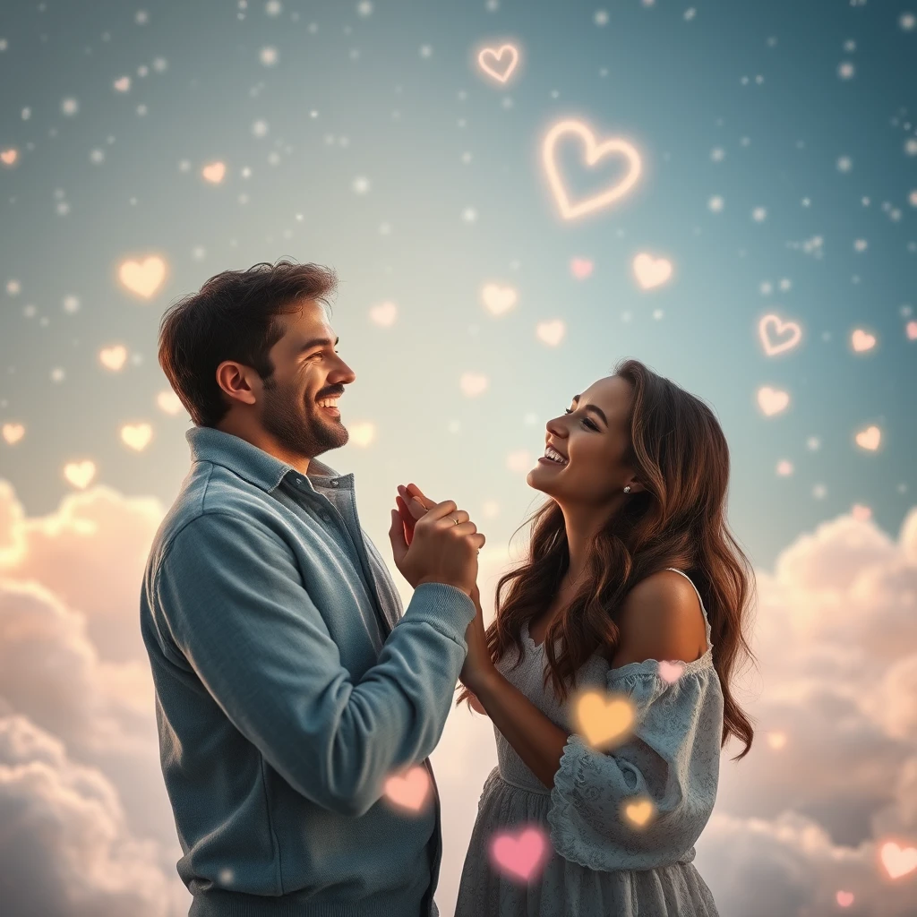 꿈속의 두 남녀가 구름 위에서 손을 맞잡고 있는 모습