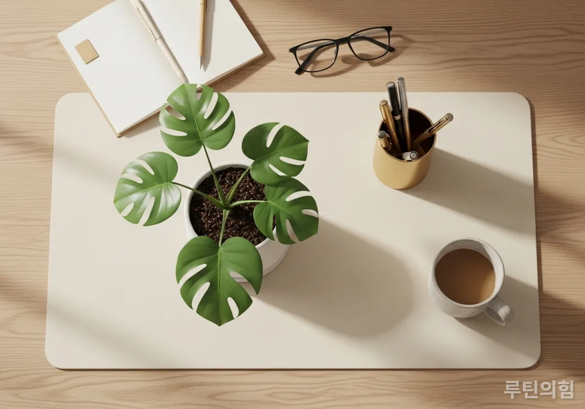 불의 기운을 조절하는 식물과 금속 소품이 있는 책상