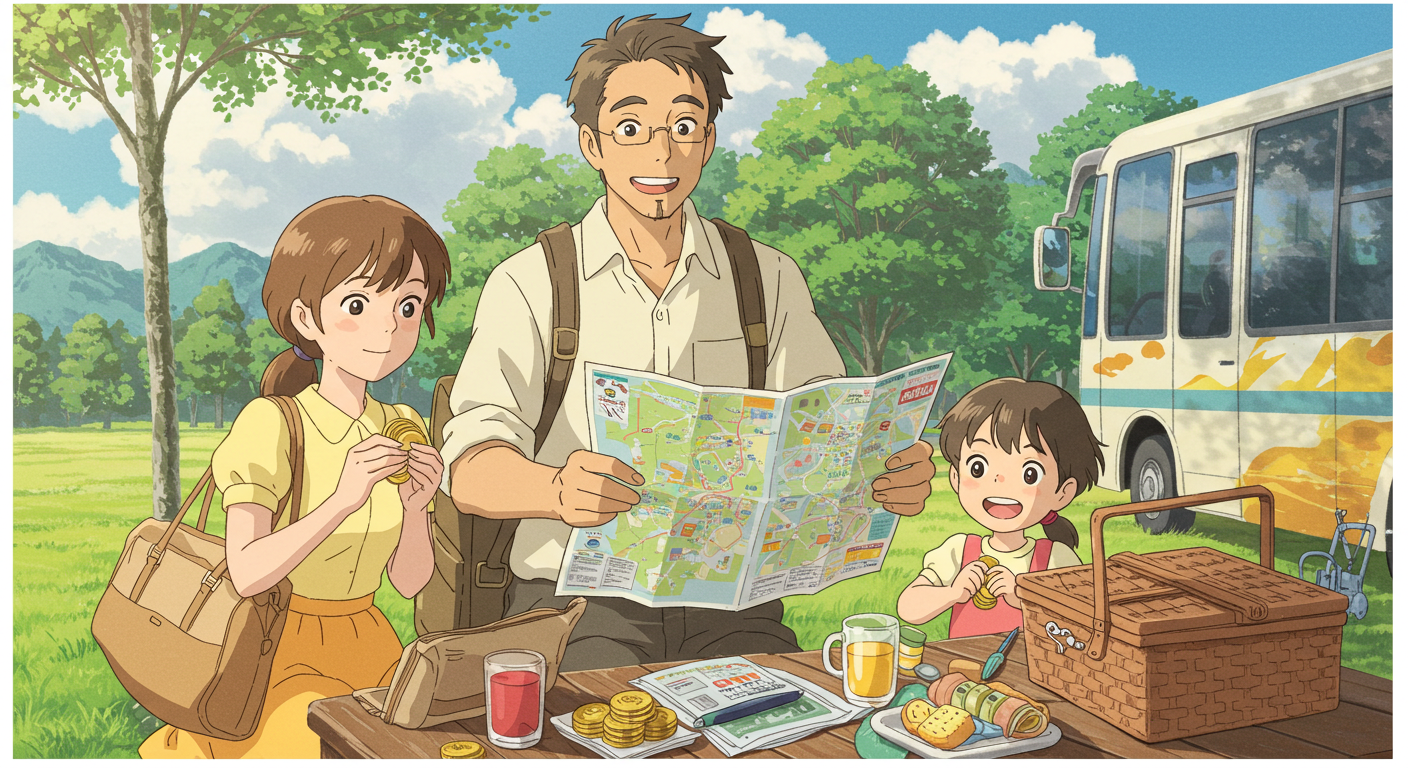 가족이 축제 지도를 보며 알뜰하게 여행 준비하는 모습