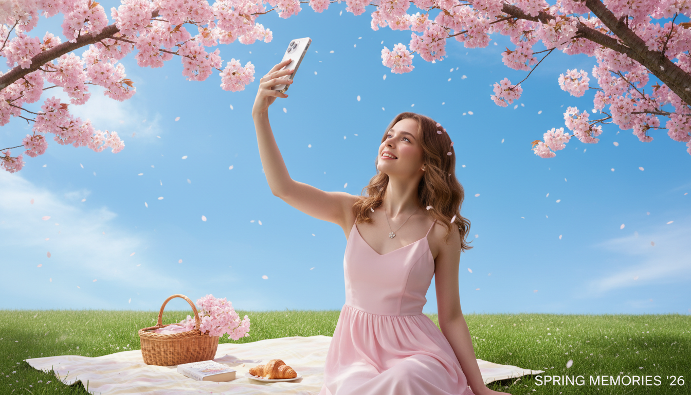 푸른 하늘 아래 만개한 벚꽃을 아이폰으로 촬영하고 있는 화사한 봄날의 풍경