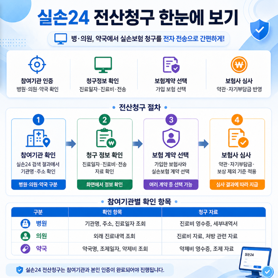 실손24 전산청구 기준을 설명한 인포그래픽으로, 참여기관 인증, 청구정보 확인, 보험계약 선택, 보험사 심사 절차와 기관별 확인 항목을 정리한 이미지