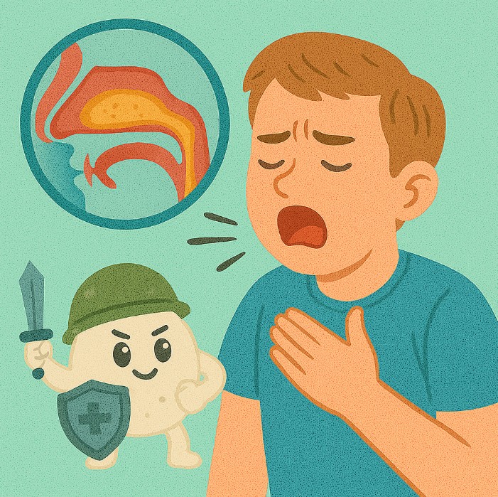 비염과 기침 증상 설명 – 면역세포가 코 가래를 방어하는 일러스트와 코 내부 구조도 포함