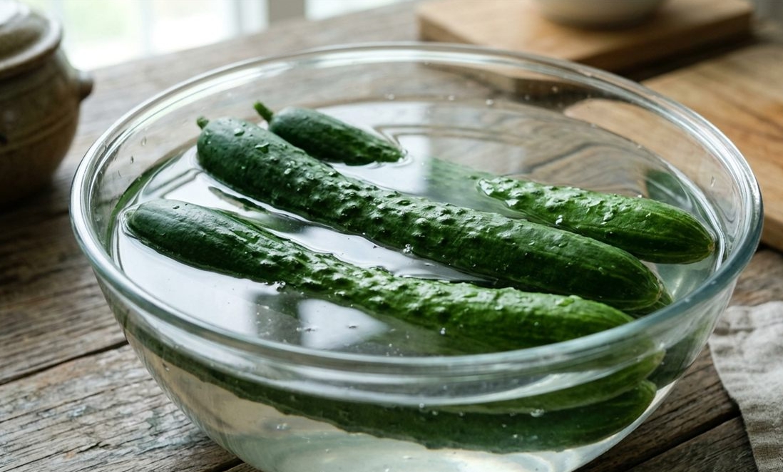 소금물에 담겨 아삭하게 절여지는 오이의 모습 