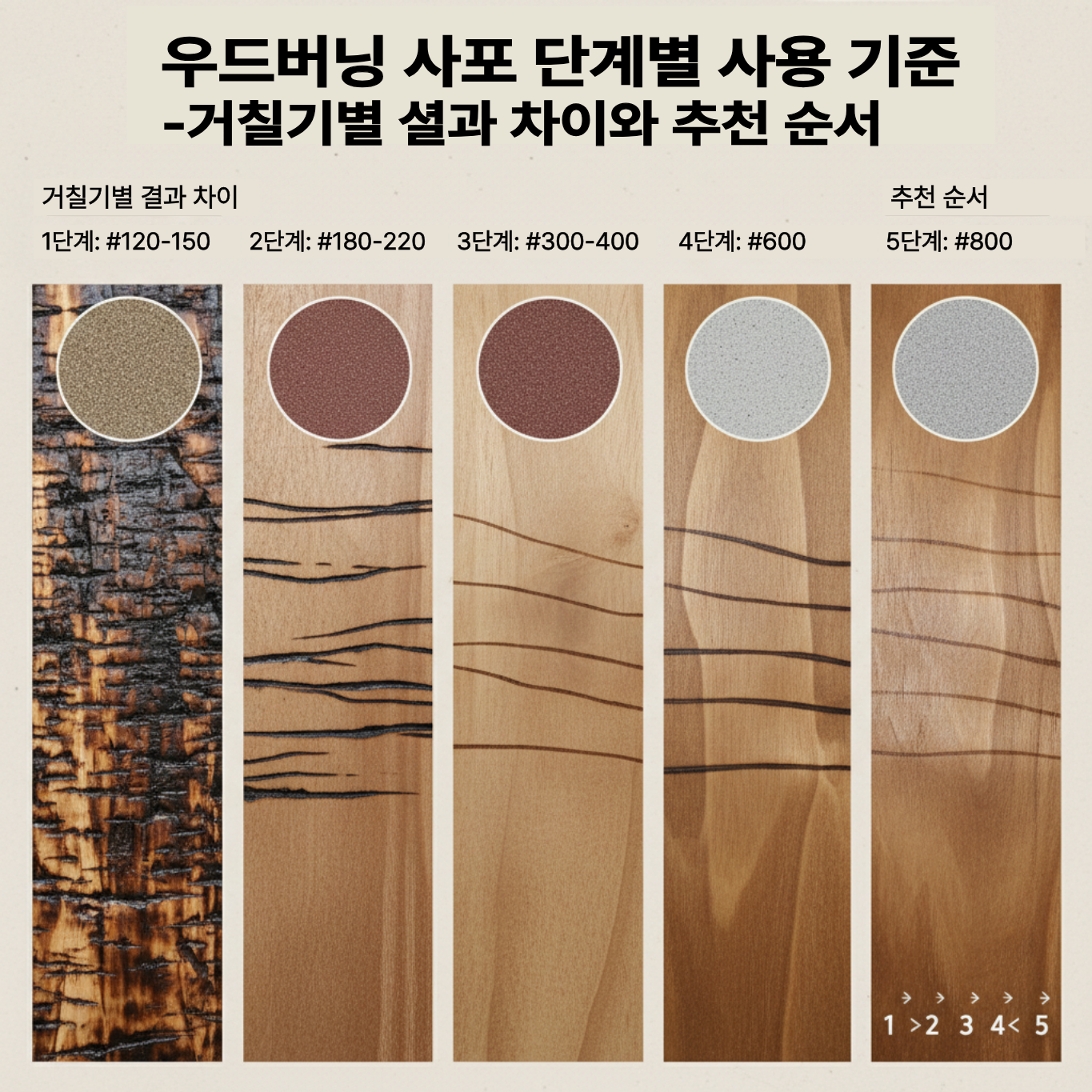우드버닝 사포 단계별 사용 기준-거칠기별 결과 차이와 추천 순서