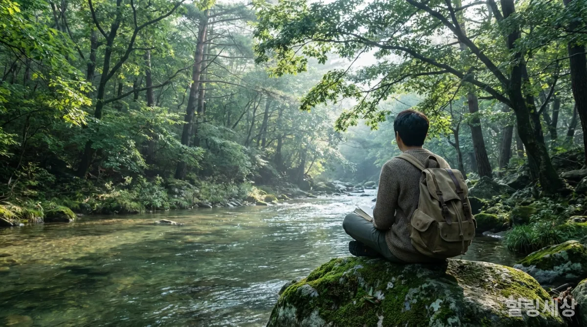 강원도 계곡에서 명상하는 사람의 뒷모습