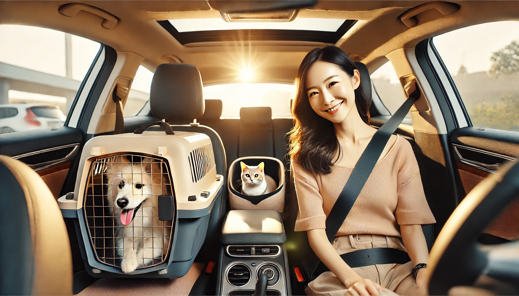 밝은 자동차 안에서 여성이 강아지와 고양이를 안전하게 이동시키는 모습. 강아지는 안전벨트에 고정되어 있고, 고양이는 통풍이 잘 되는 이동장에 들어있으며, 여성은 따뜻한 미소로 반려동물을 바라보고 있음. 햇살이 차 안을 부드럽게 비추고 있음.