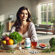 건강한 음식과 영양제를 앞에 두고 미소짓는 중년여성