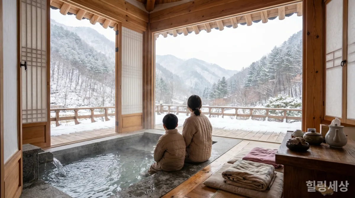 강원도의 눈 덮인 산속, 한옥 온천에서 아이와 함께 노천 온천을 즐기는 한국인 엄마