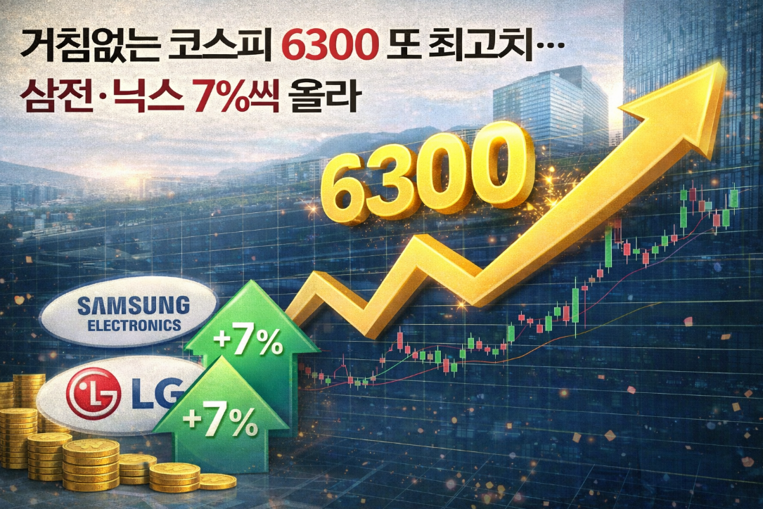 거침 없는 코스피, 6300 또 최고치! 삼성전자·SK하이닉스 7% 급등 이유