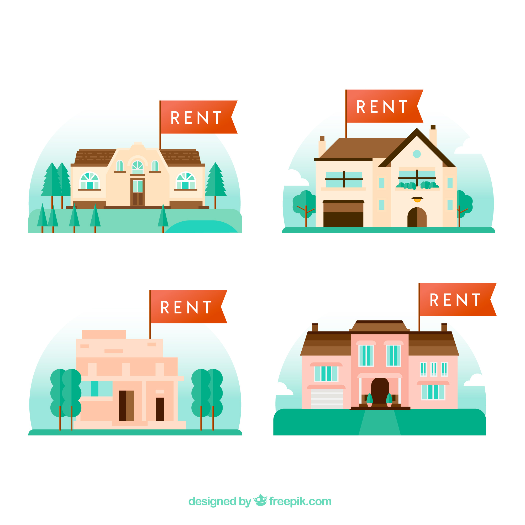 렌트 깃발을 달린 4개의 주택