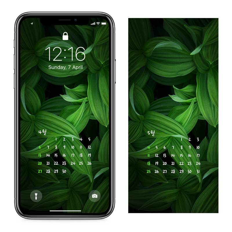08 초록색 이파리들 AB - 2025년4월 아이폰달력배경화면