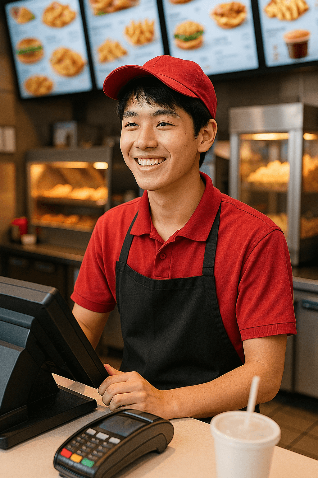 밝은 미소로 패스트푸드점에서 일하는 청소년 알바생의 모습