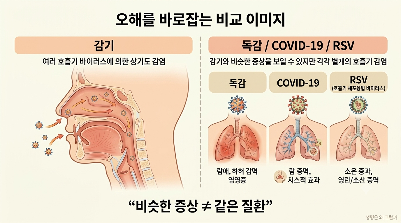감기, 인플루엔자, COVID-19, RSV를 원인 바이러스와 함께 비교하는 간단한 인포그래픽