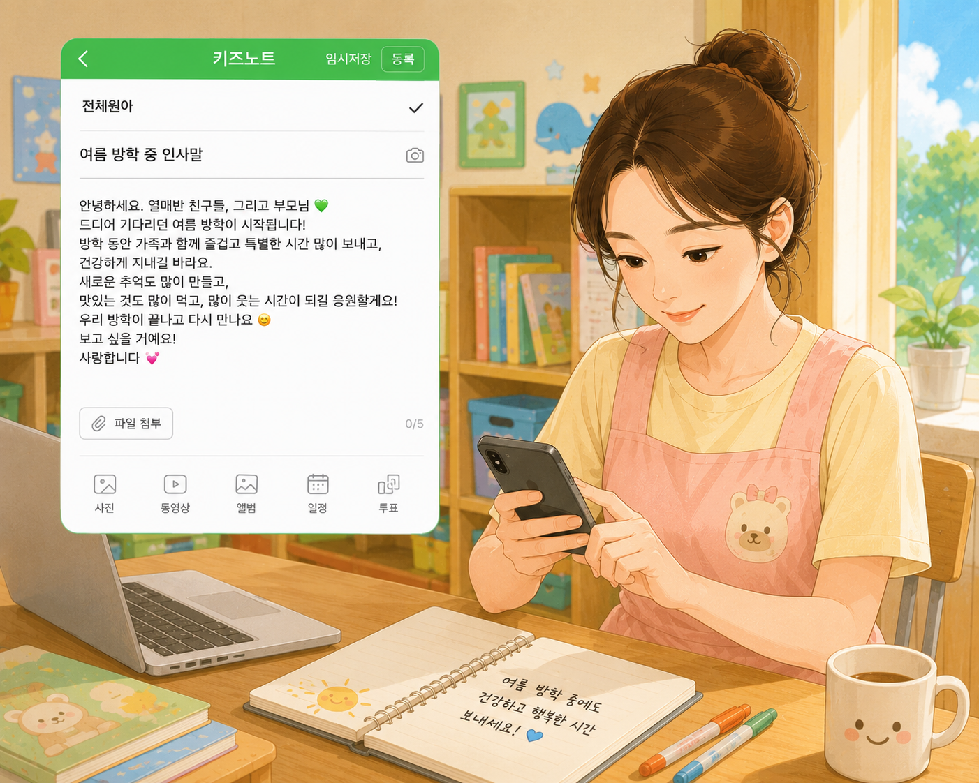 키즈노트에 여름 방학 중 인사말 쓰는 모습