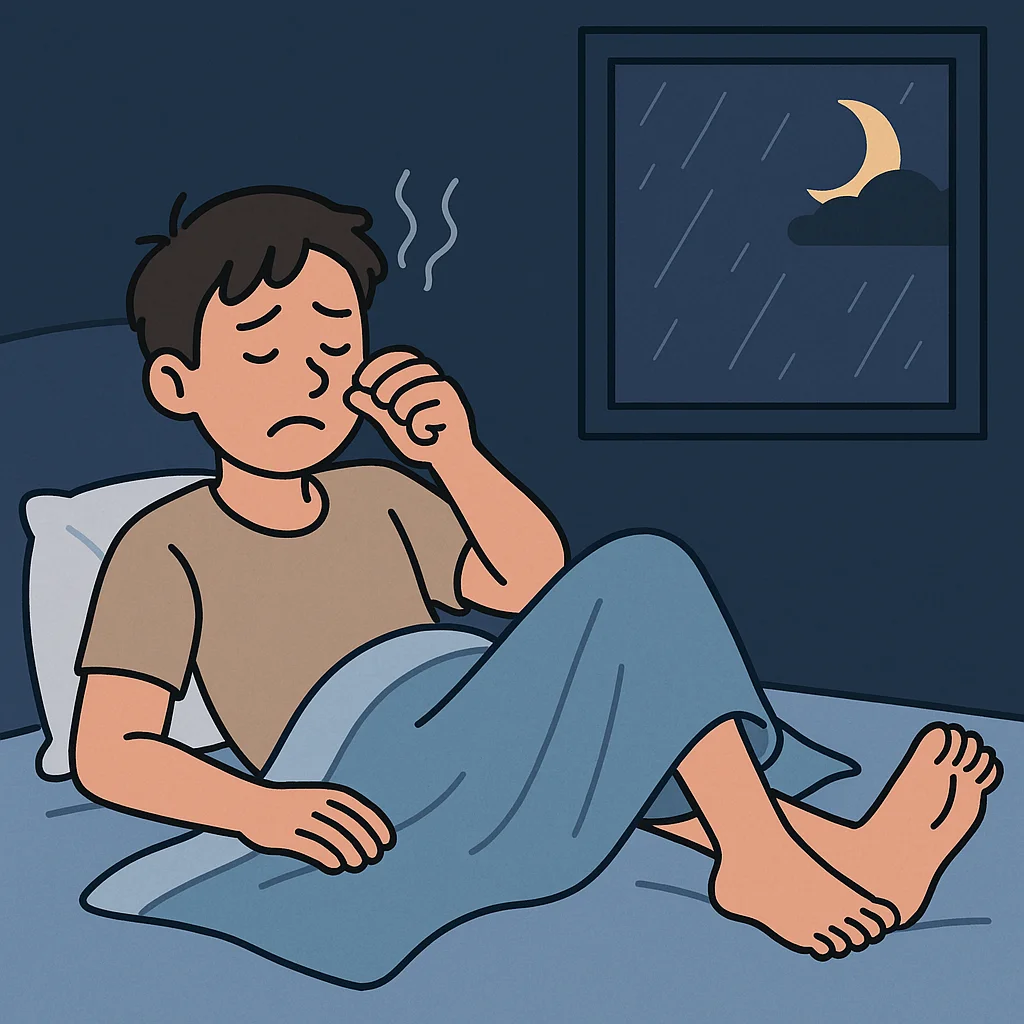 이불을 걷어찬 채 자다 감기 기운이 있는 듯 코를 문지르는 남성의 모습 일러스트
