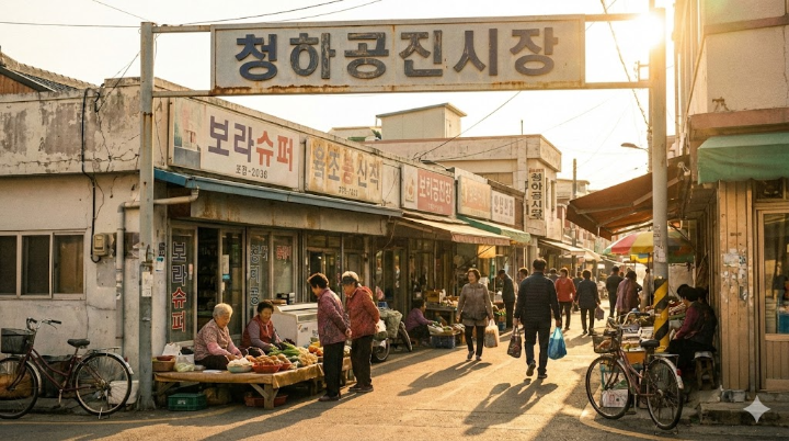 햇살이 따뜻하게 내리쬐는 오후의 시장 분위기