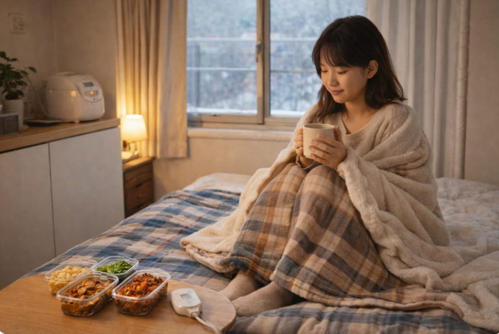 자취방에서 겨울 절약을 실천 중인 여성. 담요를 덮고 따뜻한 차를 마시며 전기장판과 미리 준비한 반찬 밀프렙으로 실용적인 생활을 하는 모습