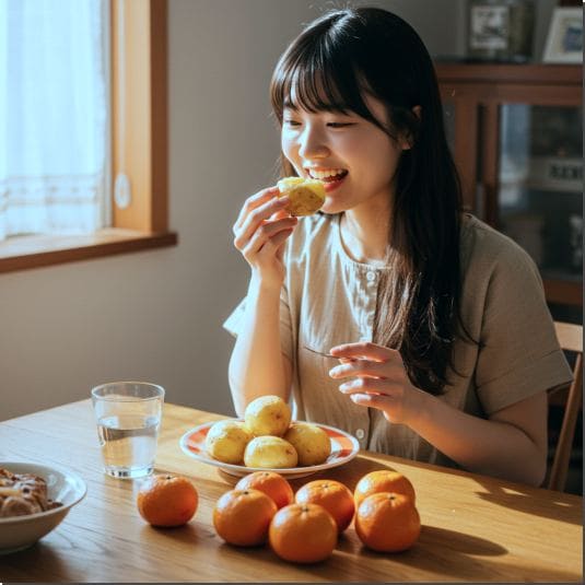 색소성 양진 치료 관리, 감자 먹는 여성