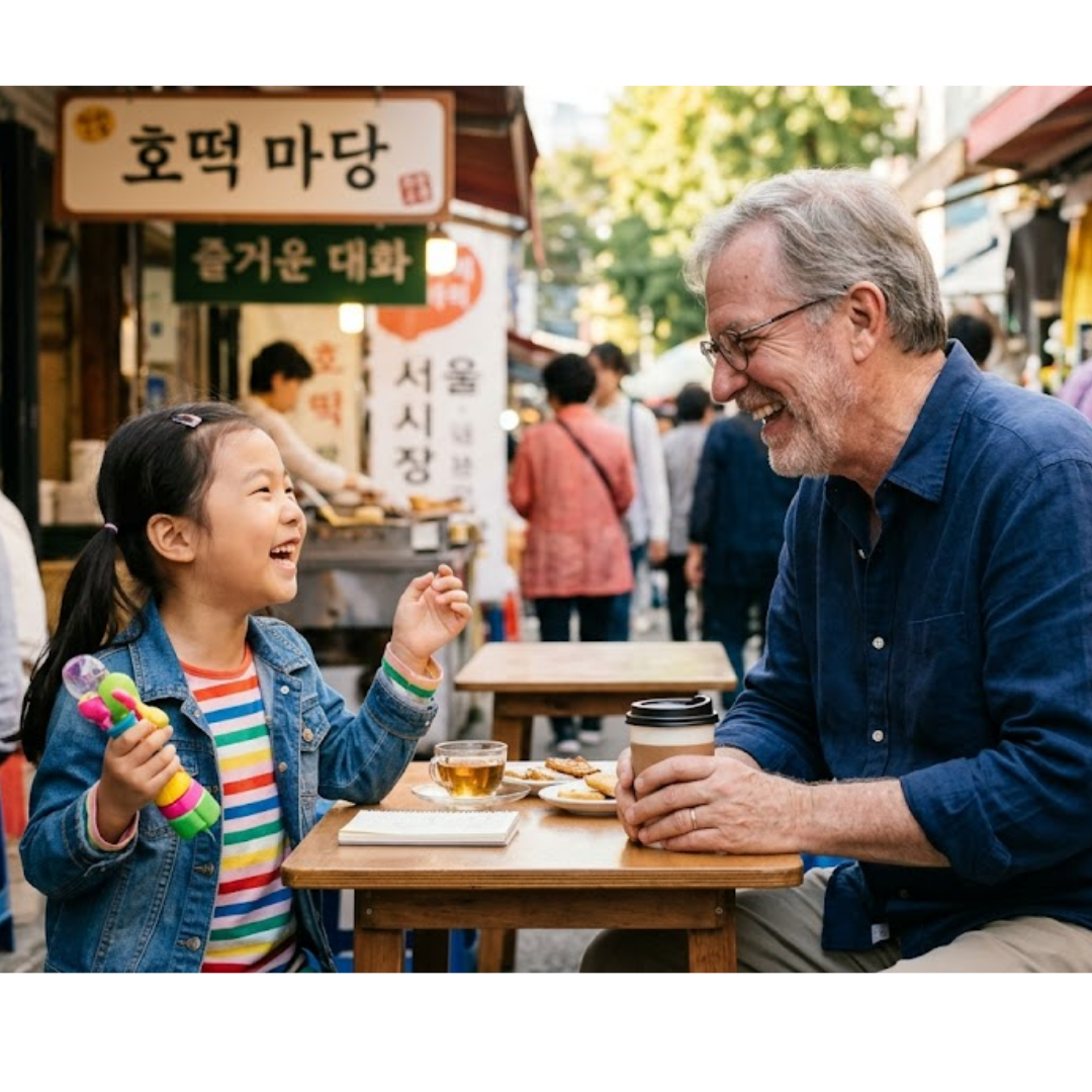 외국인과 대화를 즐기는 아이