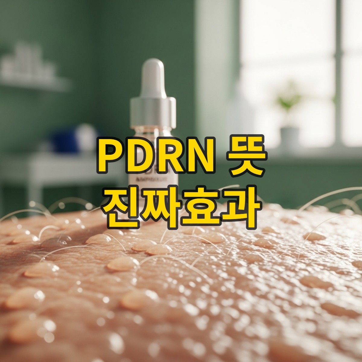건강하고 빛나는 피부 표면과 PDRN 앰플이 보이는 피부과 연구실 풍경. 피부 재생 효과를 시각적으로 강조합니다.