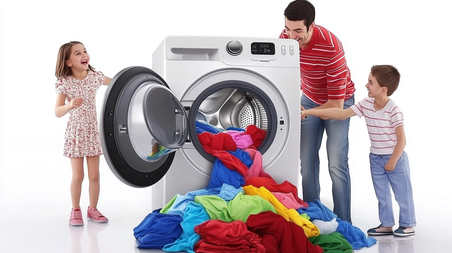 다양한 색의 옷이 넘치는 16kg 대용량을 강조하며 삼성 WF2522HDEEA 세탁기에 빨래를 넣는 바쁜 가족의 즐거운 모습.