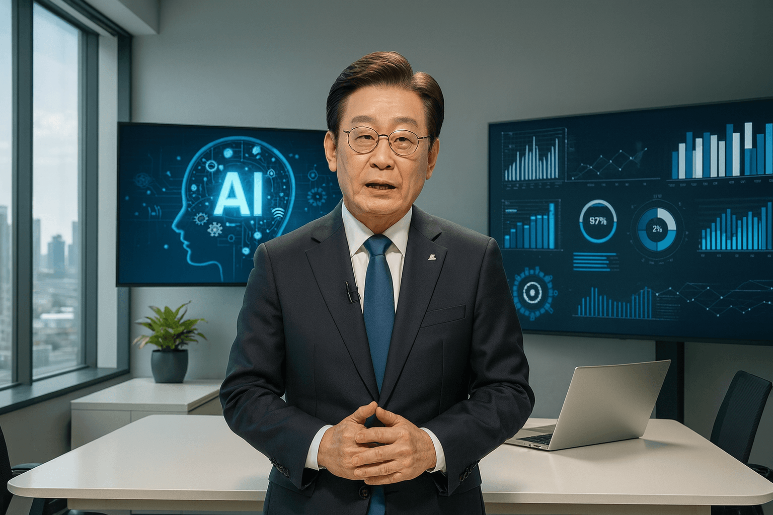 현대적인 집무실에서 인공지능 정책을 논의하는 한국 대통령 모습 3
