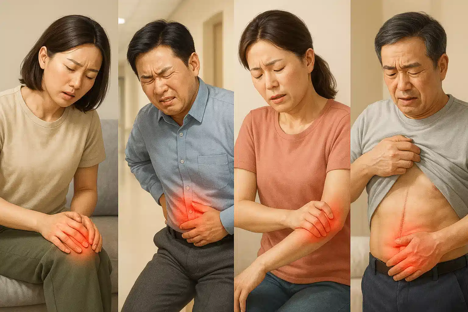무릎, 허리, 팔꿈치, 수술 부위를 번갈아 가리키며 통증을 호소하는 사람들