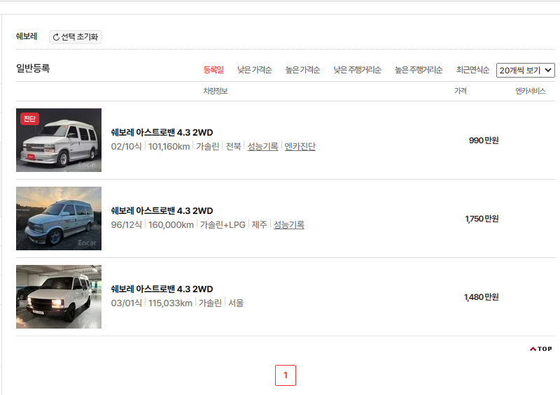 쉐보레 아스트로밴 중고차 가격 시세표 연비