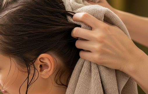 머리 말리는 여성