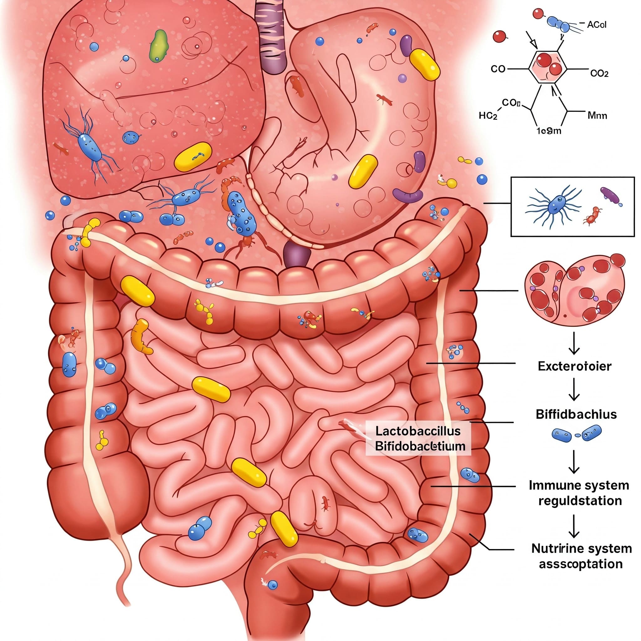 인체의 장내 마이크로바이옴 생태계를 시각적으로 표현한 의학적으로 정확한 일러스트레이션