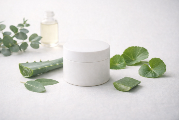자연 유래 성분인 병풀, 알로에, 유칼립투스와 함께 놓인 저자극 크림 용기