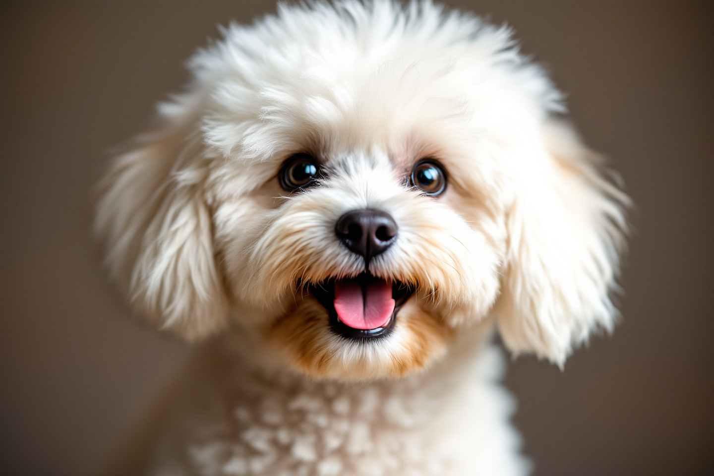 bichon frise with fluffy white curly fur, playful expression
