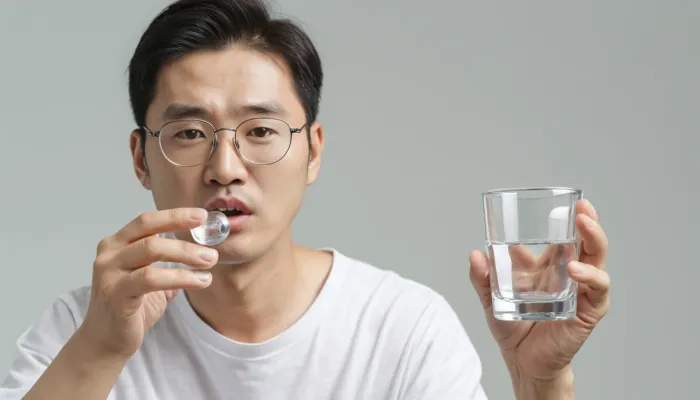 항균 효과를 기대하며 구강청결제를 활용하는 장면