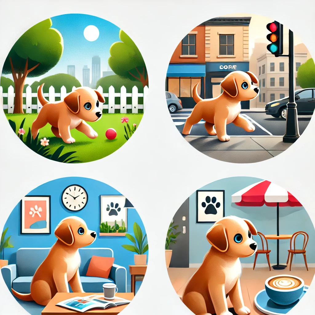 강아지가 공원, 거리, 카페 등 다양한 환경을 탐색하는 모습