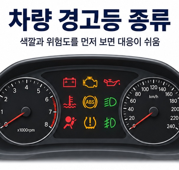 자동차 계기판과 빨간색 노란색 초록색 경고등 아이콘을 배경으로 차량 경고등 종류라는 글자가 중앙에 놓인 운전자 안전 인포그래픽