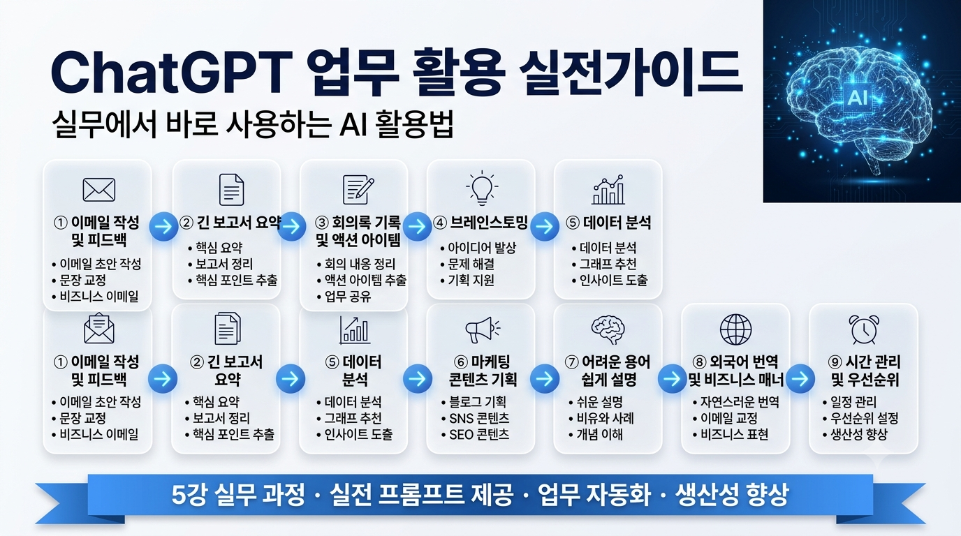 ChatGPT 업무 활용 실전가이드
실무에서 바로 사용하는 AI 활용법
상단 우측: 빛나는 회로 패턴의 AI 브레인 그래픽 (중심에 'AI' 텍스트).
가로형 플로우차트/로드맵 상세 내용 (두 개의 행으로 구성되며 화살표로 연결됨):
첫 번째 행 (5단계):
① 이메일 작성 및 피드백 (봉투 아이콘): 이메일 초안 작성, 문장 교정, 비즈니스 이메일
② 긴 보고서 요약 (종이 아이콘): 핵심 요약, 보고서 정리, 핵심 포인트 추출
③ 회의록 기록 및 액션 아이템 (클립보드 아이콘): 회의 내용 정리, 액션 아이템 추출, 업무 공유
④ 브레인스토밍 (전구 아이콘): 아이디어 발상, 문제 해결, 기획 지원
⑤ 데이터 분석 (차트 아이콘): 데이터 분석, 그래프 추천, 인사이트 도출
두 번째 행 (4단계, '⑥ 마케팅 콘텐츠 기획'부터 화살표 연결):
참고: 이미지의 두 번째 행에는 '① 이메일 작성 및 피드백', '② 긴 보고서 요약', '⑤ 데이터 분석' 카드가 순서대로 반복 배치된 후, ⑥단계부터 화살표로 연결되어 있습니다.
⑥ 마케팅 콘텐츠 기획 (확성기 아이콘): 블로그 기획, SNS 콘텐츠, SEO 콘텐츠
⑦ 어려운 용어 쉽게 설명 (뇌 아이콘): 쉬운 설명, 비유와 사례, 개념 이해
⑧ 외국어 번역 및 비즈니스 매너 (지구본 아이콘): 자연스러운 번역, 이메일 교정, 비즈니스 표현
⑨ 시간 관리 및 우선순위 (알람 시계 아이콘): 일정 관리, 우선순위 설정, 생산성 향상
하단 배너: 5강 실무 과정 · 실전 프롬프트 제공 · 업무 자동화 · 생산성 향상