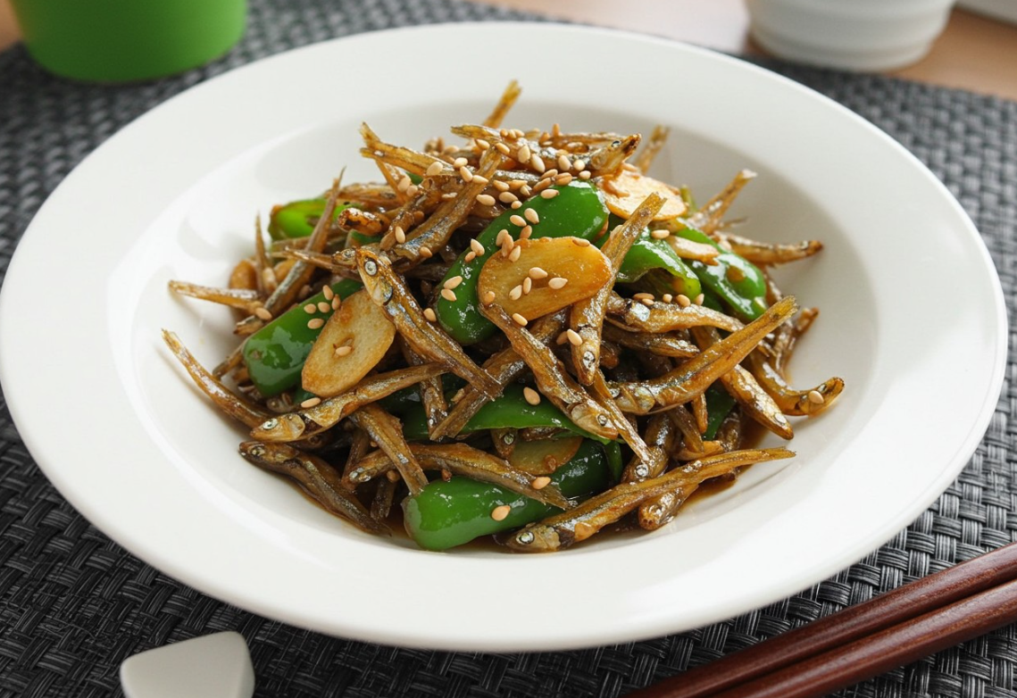 완성된 멸치볶음을 그릇에 담아 플레이팅한 모습