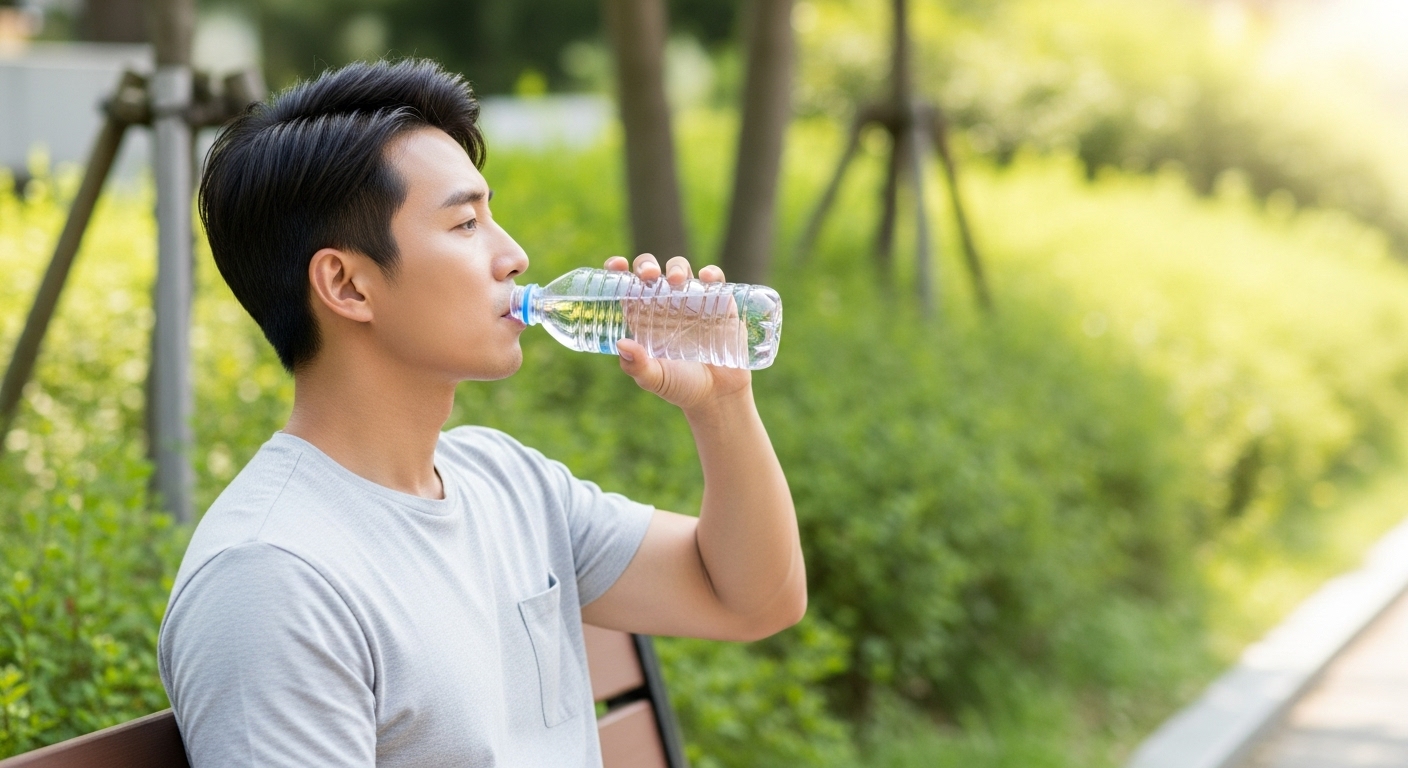 자리에 앉아 일정한 시간마다 물을 마시는 남성