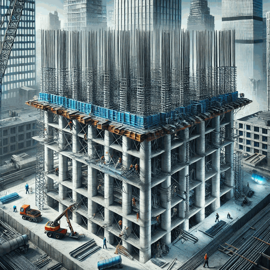 철큰 콘크리트 구조의 내진대비 기술을 묘사하는 이미지