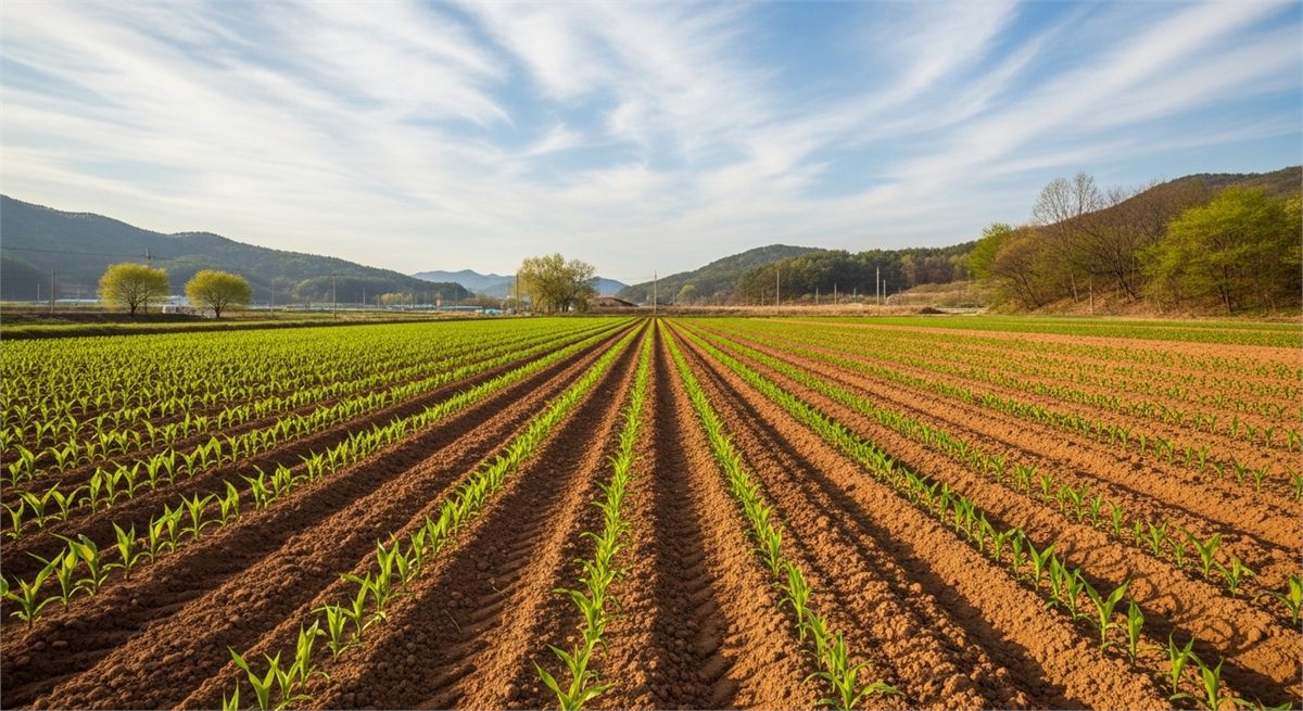 여러 줄에 걸쳐 옥수수를 심는 봄 밭 전경