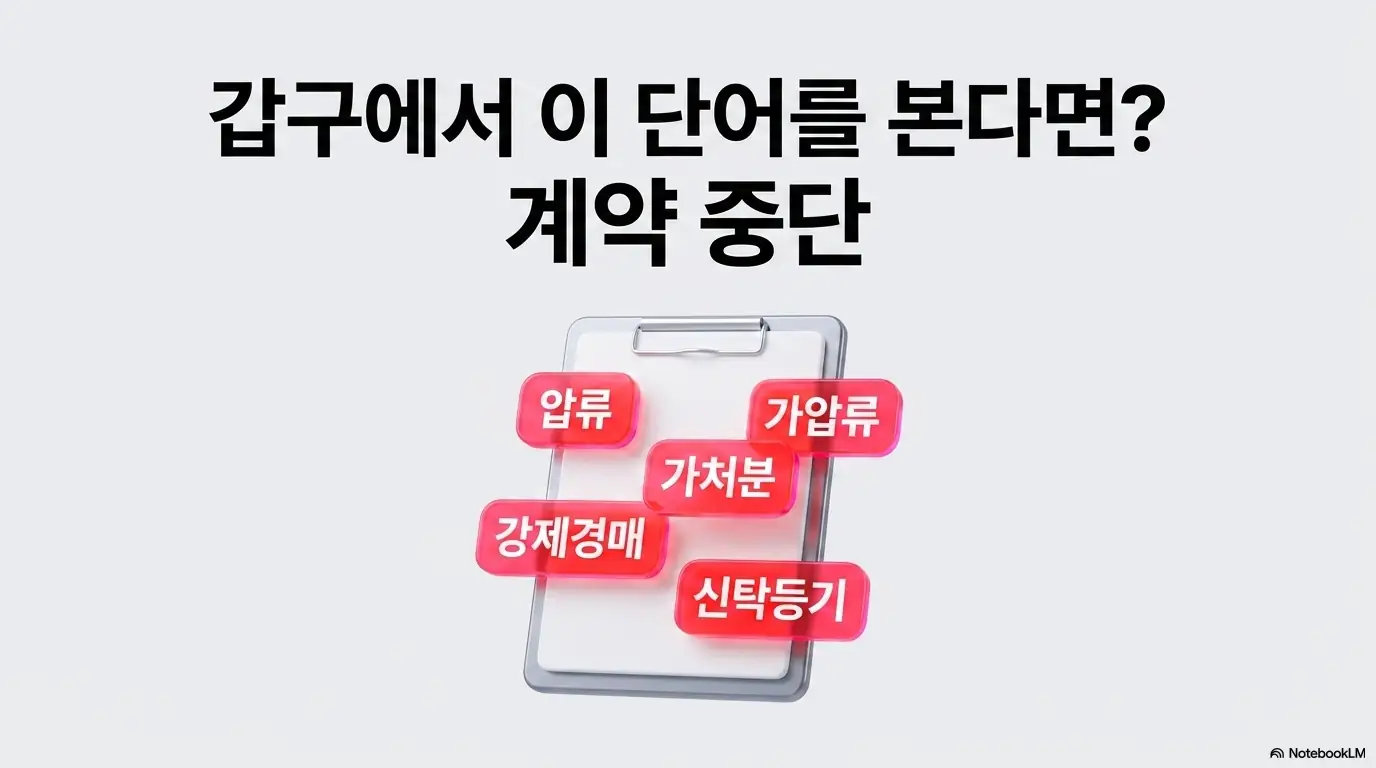 전세 계약시 유의사항: 등기부등본 갑구에서 압류 가압류 가처분 강제경매 신탁등기 등의 위험 단어를 발견하면 계약을 중단해야 한다는 경고를 빨간색 태그로 시각화한 전세계약 위험 신호 이미지