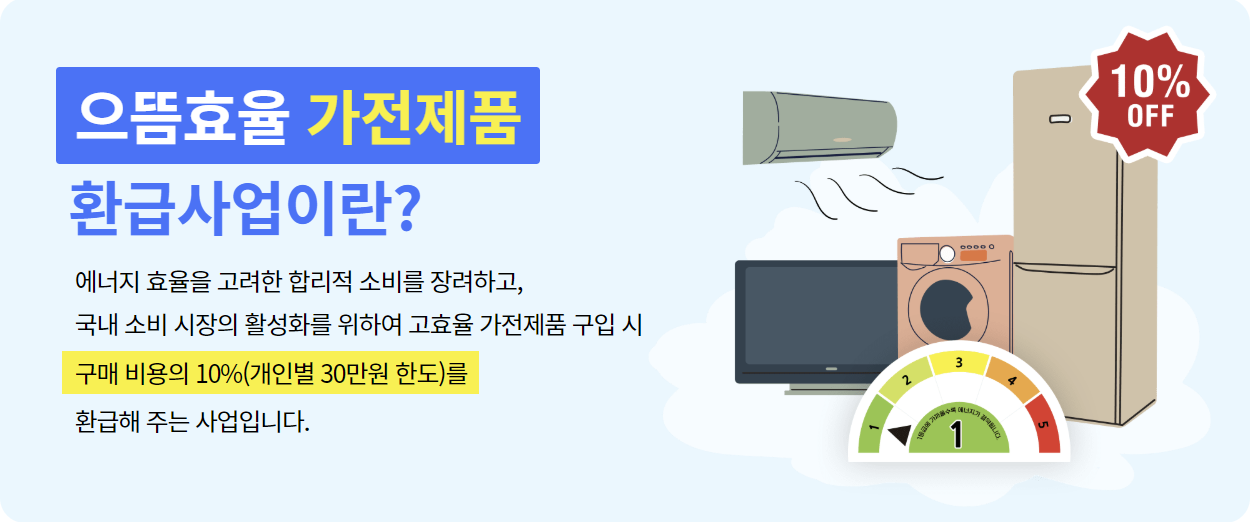 으뜸효율 가전제품 환급사업 구매 비용의 10% 30만원 한도 환급 고효율 가전제품 구입시 환급